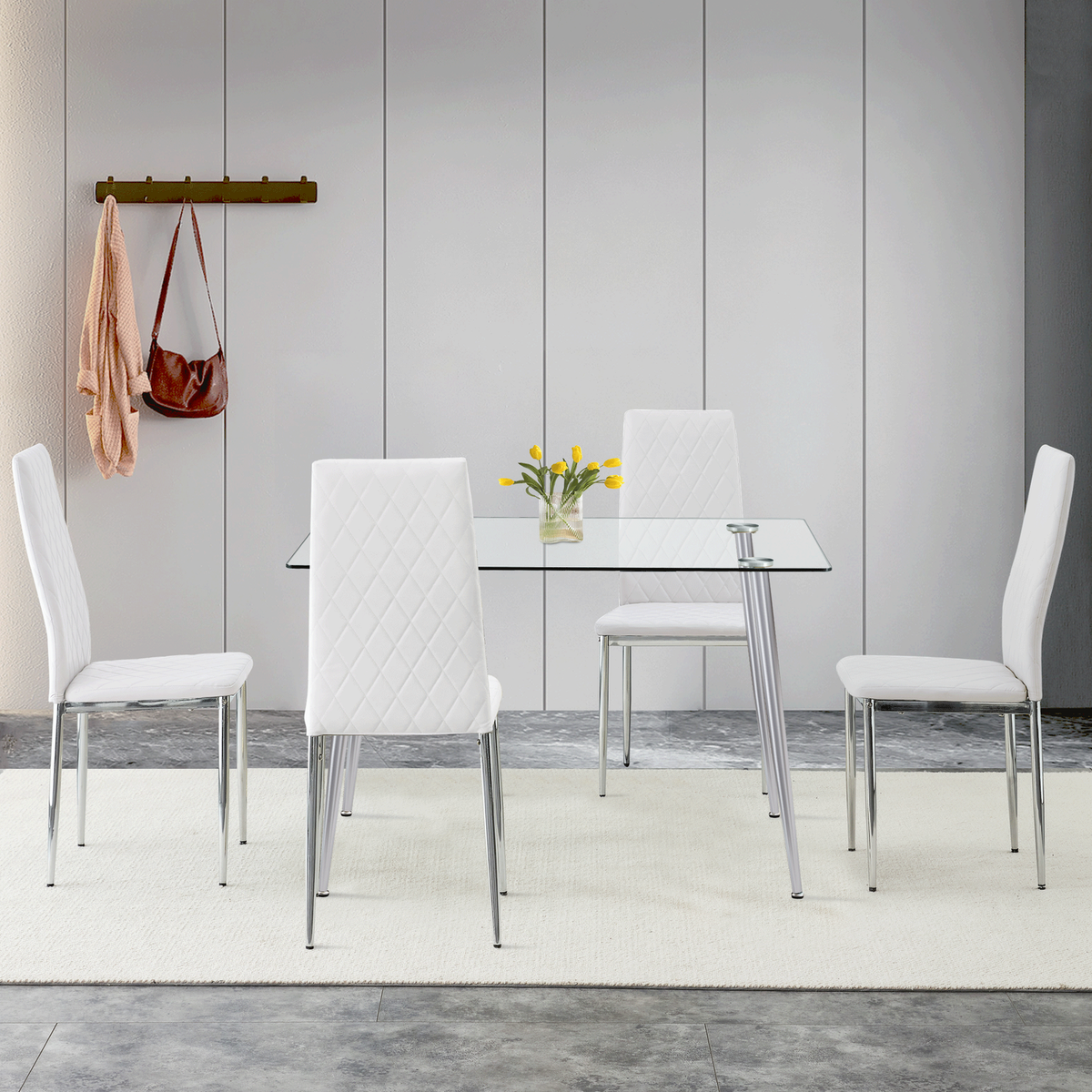 Grid armless high backrest dining chair, 4-piece set of silver metal legs white chair, office chair. Suitable for restaurants, living rooms, kitchens, and offices.