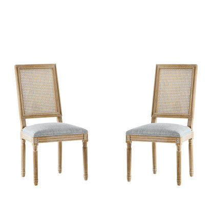 Vintage Inspired French Country Dining Chairs Set - Elegant Cane Backrest & Upholstered Seats - Rustic Weathered Finish - Solid Rubberwood Frame