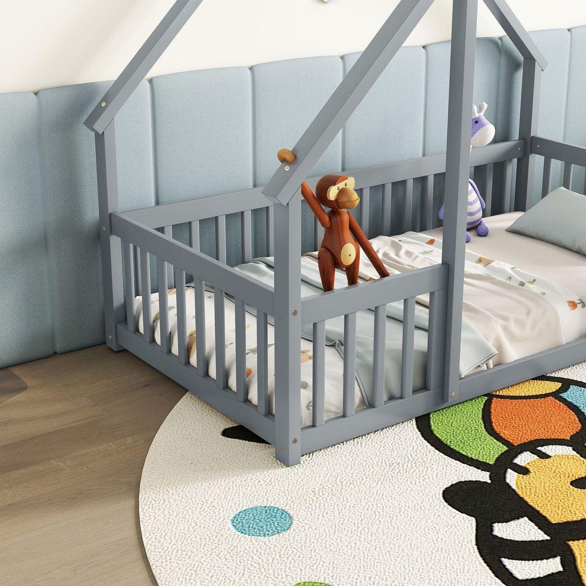 Twin Wood House-Shaped Floor Bed with Fence, Guardrails, Grey