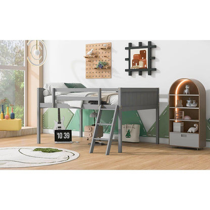 Full Size Wood Low Loft Bed with Ladder, ladder can be placed on the left or right, Gray