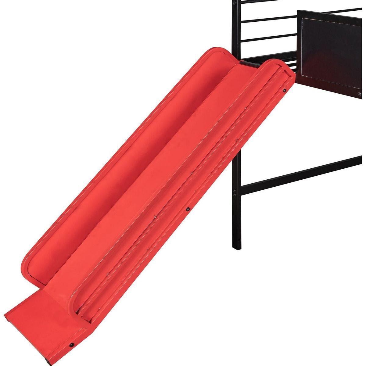 Metal House Bed With Slide, Twin Size Metal Loft Bed with Two-sided writable Wooden Board (Black and Red)