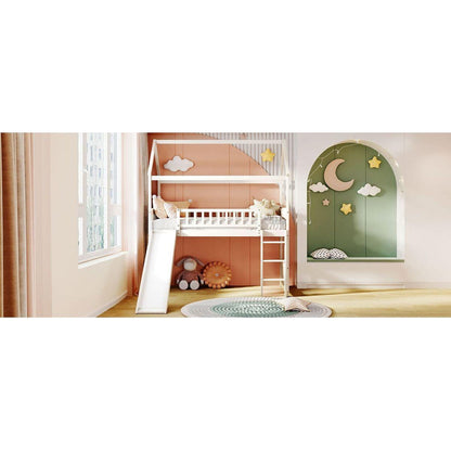 Twin Loft Bed with Slide, House Bed with Slide,White