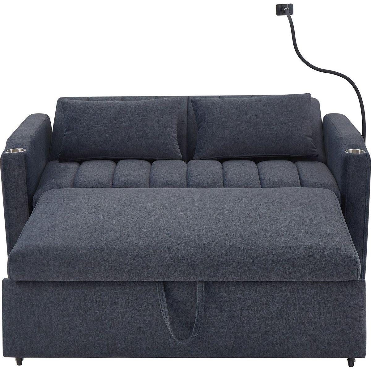 55.9" Convertible Sofa Bed Loveseat Sofa with Three USB Ports, Two Side Pockets, Two Cup Holders and 360Swivel Phone Holder for Living Room, Blue Grey