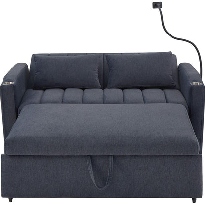 55.9" Convertible Sofa Bed Loveseat Sofa with Three USB Ports, Two Side Pockets, Two Cup Holders and 360Swivel Phone Holder for Living Room, Blue Grey