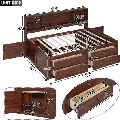 Full Size Wooden Captain Bed with Built-in Storage Shelves, 4 Drawers and 2 Cabinets, Antique Brown