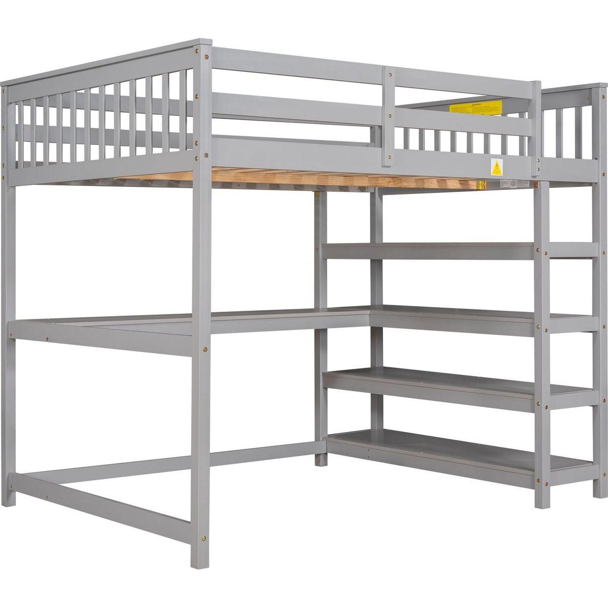Full Size Loft Bed with Storage Shelves and Under-bed Desk, Gray