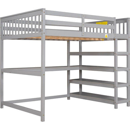 Full Size Loft Bed with Storage Shelves and Under-bed Desk, Gray