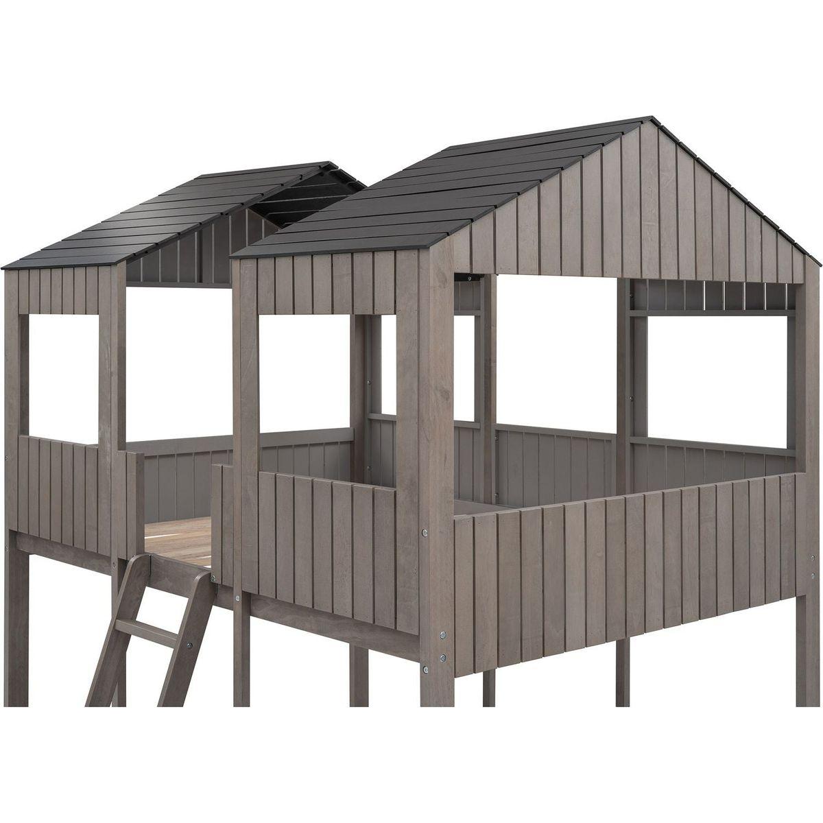 Full Over Full WoodBunk Bed with Roof, Window, Guardrail, Ladder(Antique Gray)