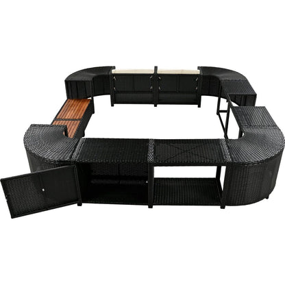 Spa Surround Spa Frame Quadrilateral Outdoor Rattan Sectional Sofa Set with Mini Sofa,Wooden Seats and Storage Spaces, Beige