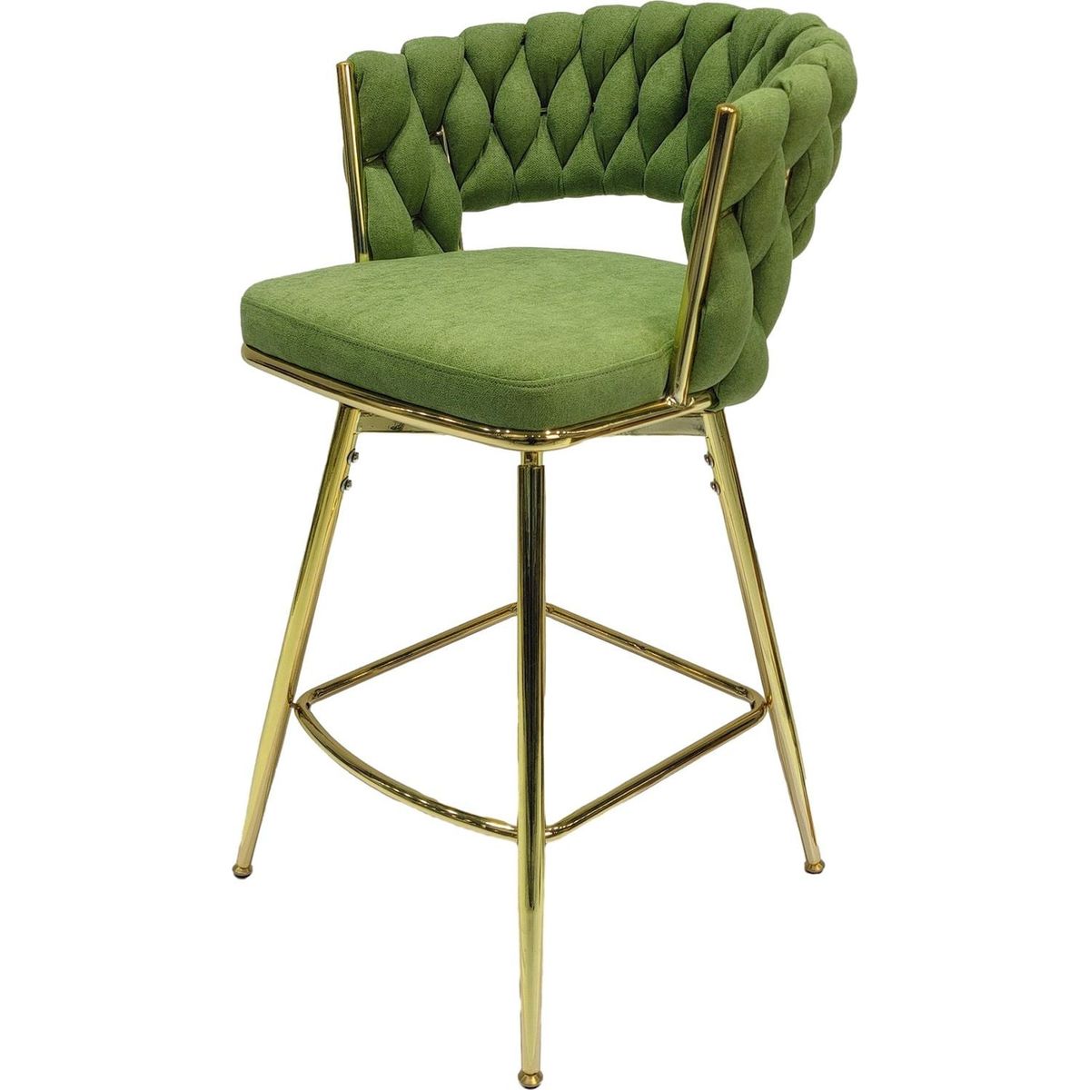 Bar Chair Linen Woven Bar Stool Set of 4,Golden legs Barstools No Adjustable Kitchen Island Chairs,360 Swivel Bar Stools Upholstered Bar Chair Counter Stool Arm Chairs with Back Footrest, (Green)