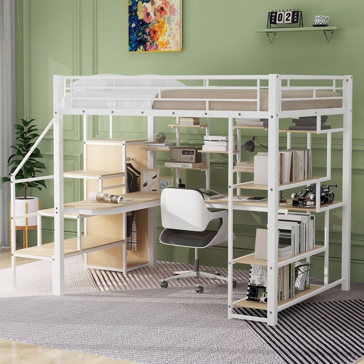 Full Size Metal Loft Bed with Storage Staircase and Small Wardrobe, Built-in Desk and Storage Shelves, White