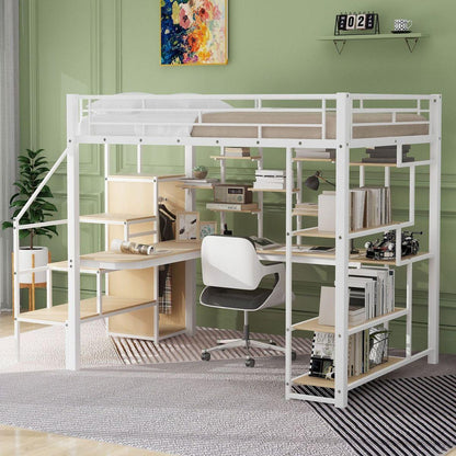 Full Size Metal Loft Bed with Storage Staircase and Small Wardrobe, Built-in Desk and Storage Shelves, White