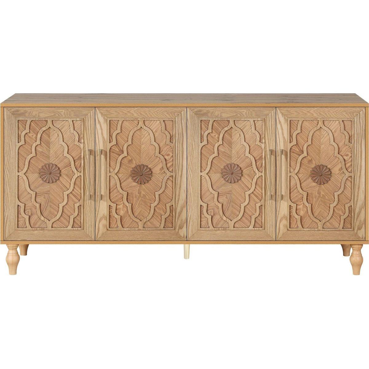 Carved Flower Door Large Storage Cabinet With Metal Handle Suitable For Living Room, Kitchen, Entryway(NATURAL WOOD) - Streamdale Furniture
