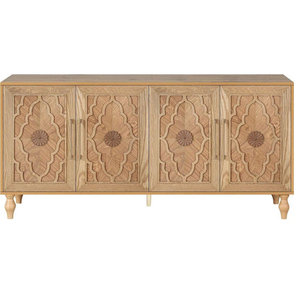 Carved Flower Door Large Storage Cabinet With Metal Handle Suitable For Living Room, Kitchen, Entryway(NATURAL WOOD) - Streamdale Furniture
