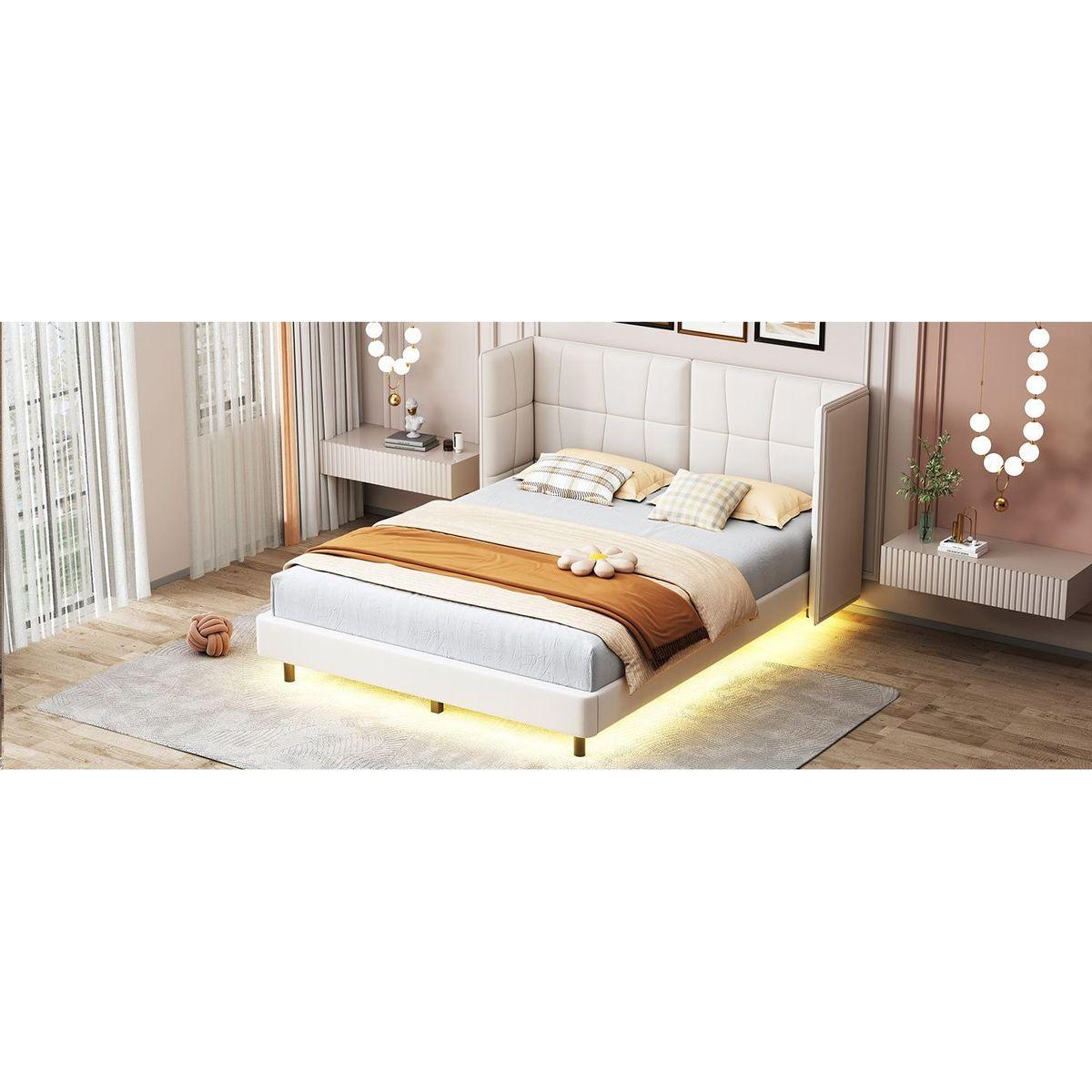 Queen Size Upholstered Platform Bed with LED Lights and U-Shaped Headboard, Linen Fabric, Beige