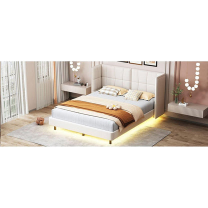 Queen Size Upholstered Platform Bed with LED Lights and U-Shaped Headboard, Linen Fabric, Beige