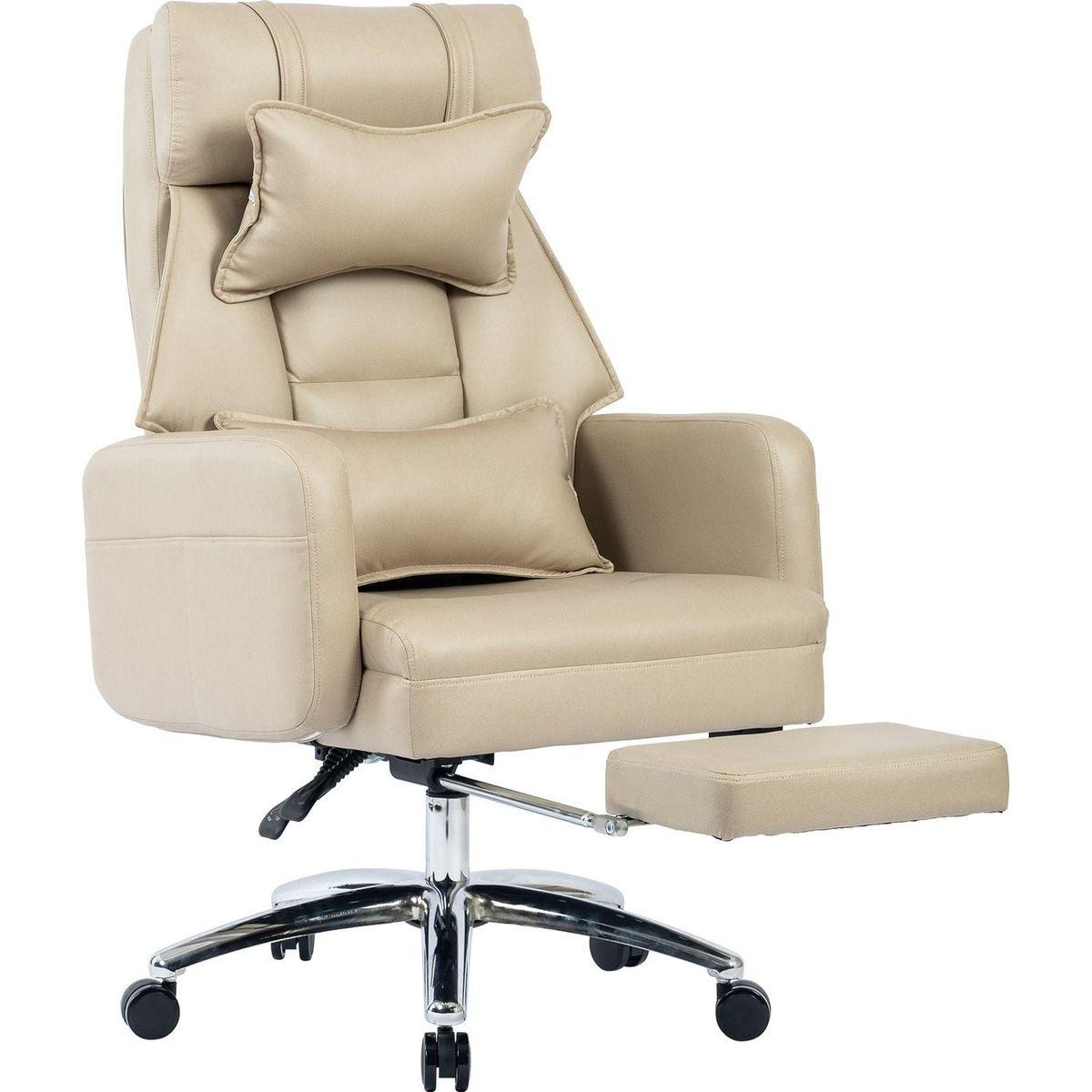 Swivel Ergonomic Office Chair, Technology Leather High Back Office Chair with Lumbar Support Headrest, Sedentary Comfortable Boss Chair, 155 Reclining Computer Chair (Color : Beige)