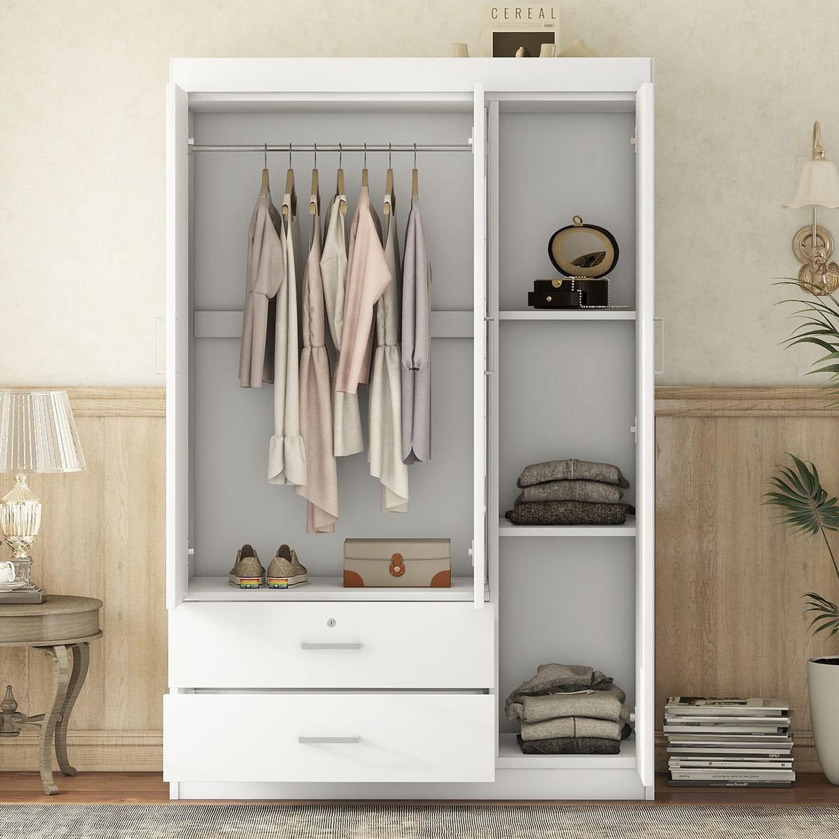 3-Door Mirror Wardrobe with shelves, White - Streamdale Furniture