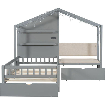 Twin Size House Bed with Upholstered Sofa, House Bed with Charging Station, Wireless Charging, Shelves and Two Drawers, Gray