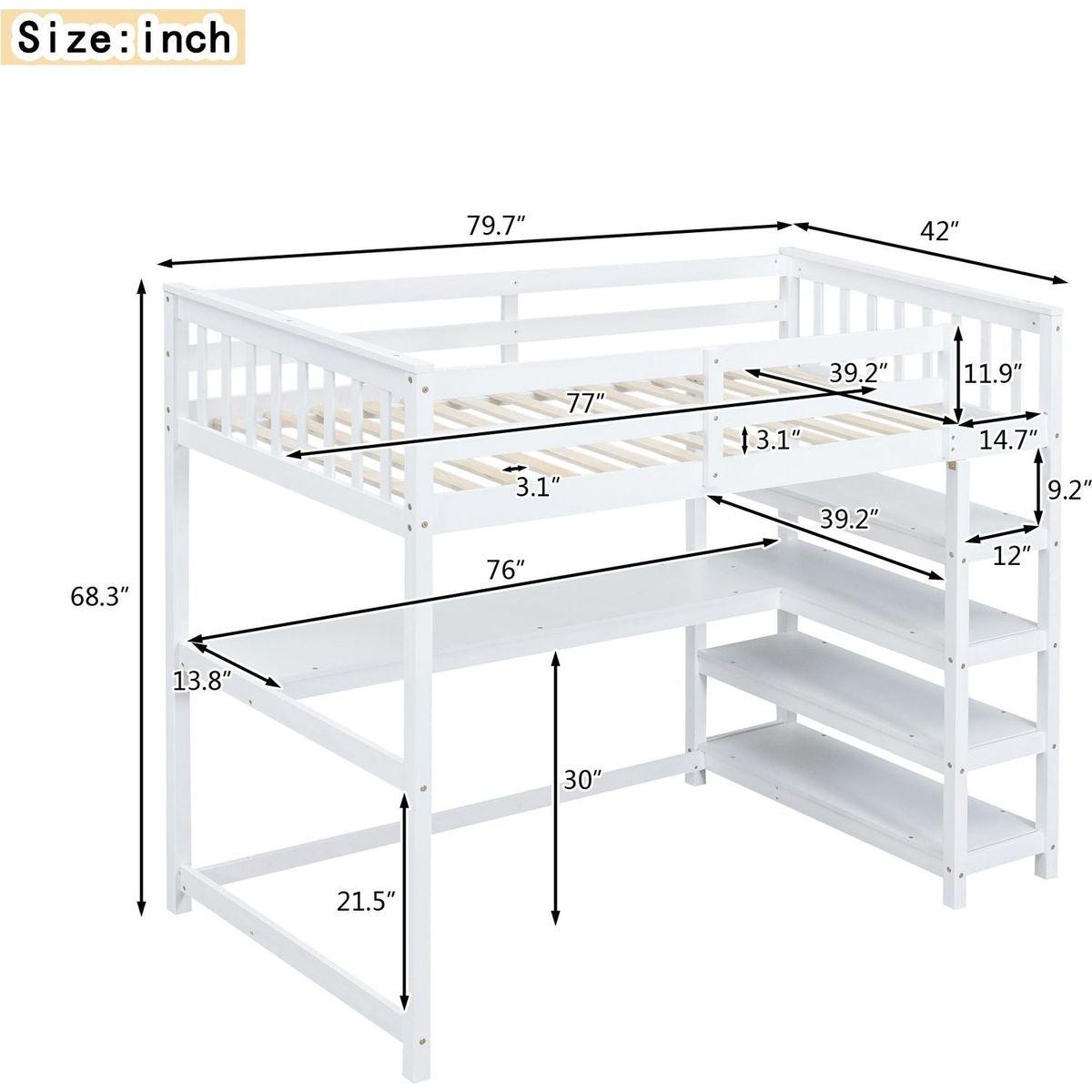 Twin Size Loft Bed with Storage Shelves and Under-bed Desk, White