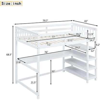Twin Size Loft Bed with Storage Shelves and Under-bed Desk, White