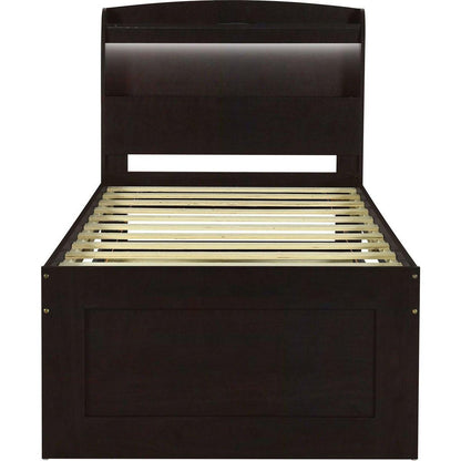 Twin XL Size Platform Bed with Storage LED Headboard, Charging Station, Twin Size Trundle and 2 Drawers, Dark Brown