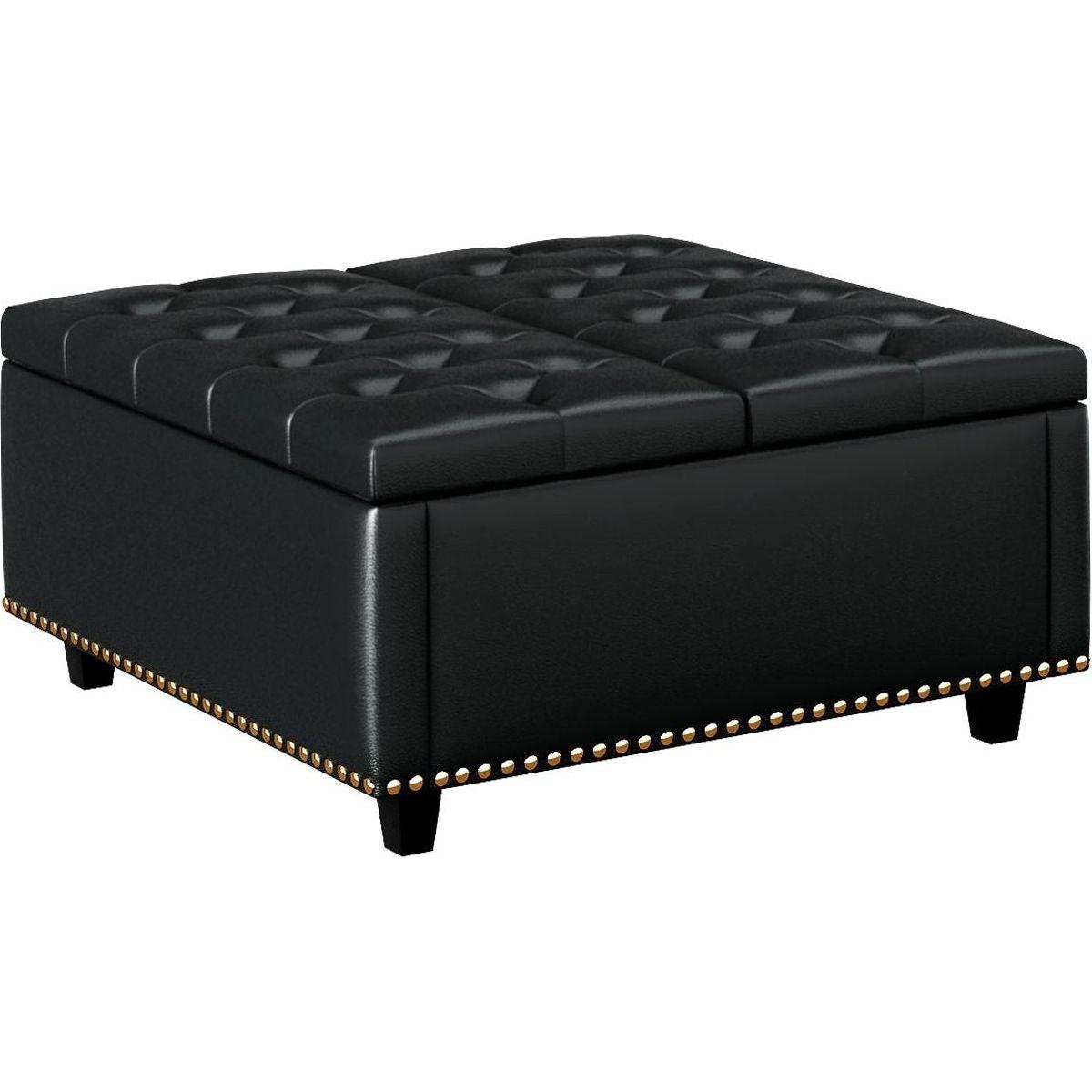 Large square storage stool with two storage doors, footstool for living room Studded mid-century modern coffee table, black PU leather