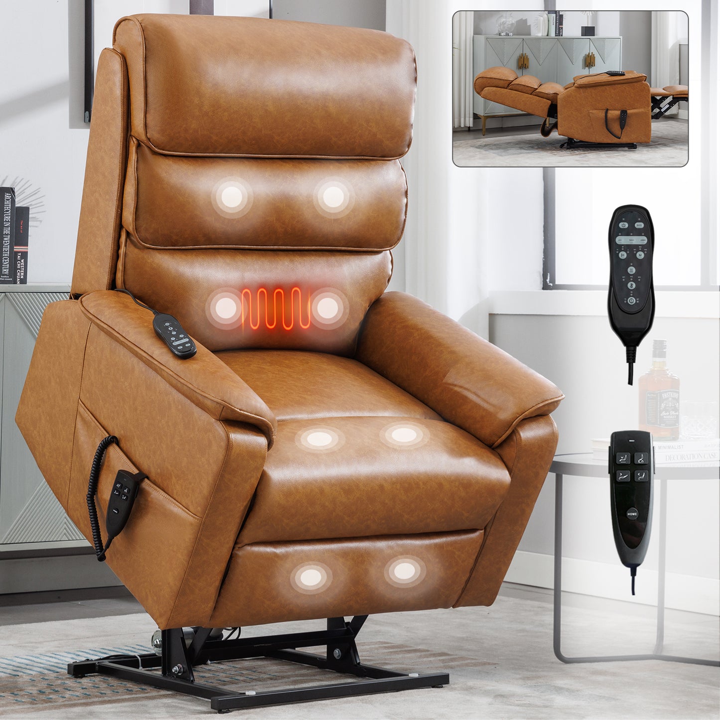 Brown Leatheraire Dual Motor Infinite Position Up to 350 LBS Power Lift Recliner Chair with Power-Remote, Heat Massage and Heavy Duty Motion Mechanism