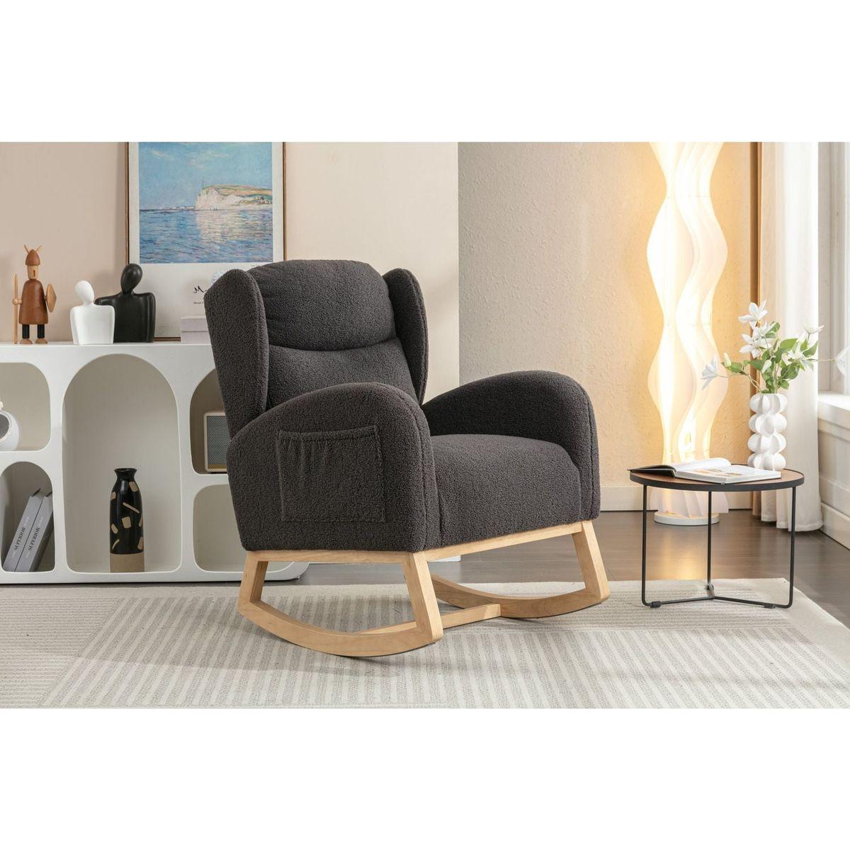 Teddy Fabric Rocking Chair With Packet Wood Legs,Dark Gray