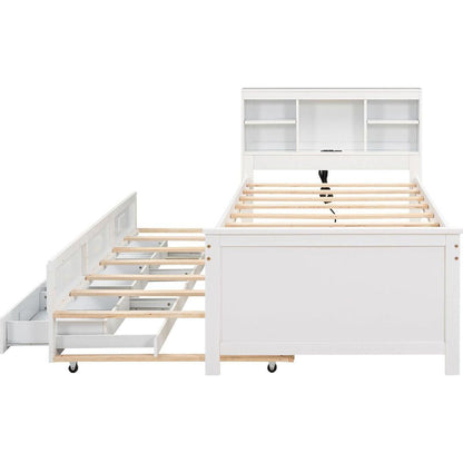 Twin Size Platform Bed with Storage Headboard, USB, Twin Size Trundle and 3 Drawers, White
