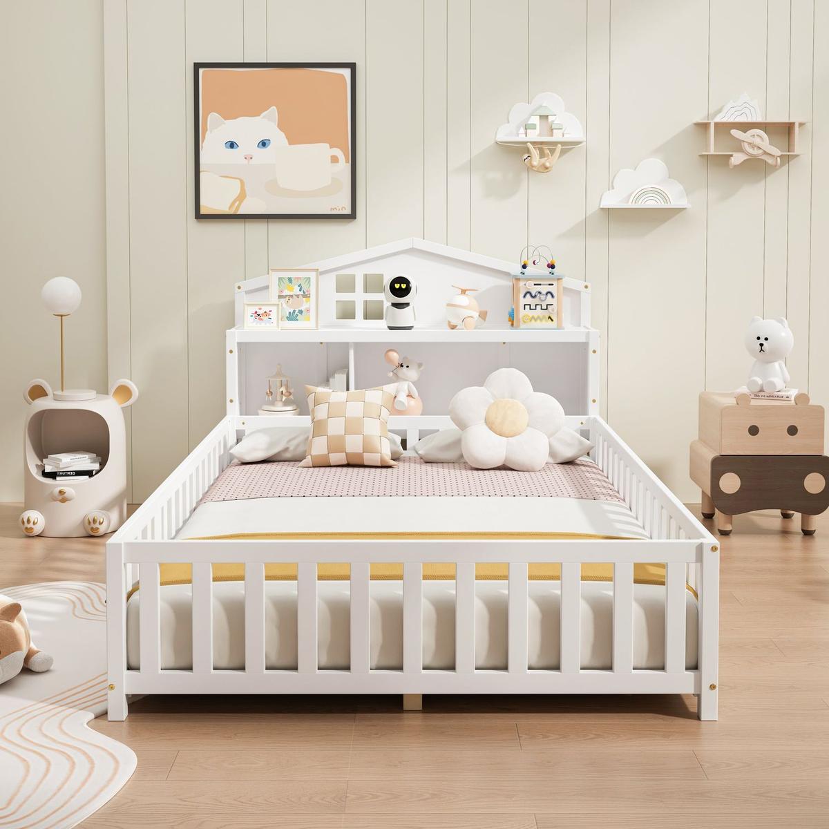 Full-size Floor Beds with Bookcases and Blackboards, Versatile Platform Beds with Guard rails, Solid Wood Floor Beds with Storage Headboards, Floor Beds for Kids and Teens White