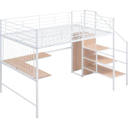 Full Size Metal Loft Bed with Desk and Metal Grid, Stylish Metal Frame Bed with Lateral Storage Ladder and Wardrobe, White