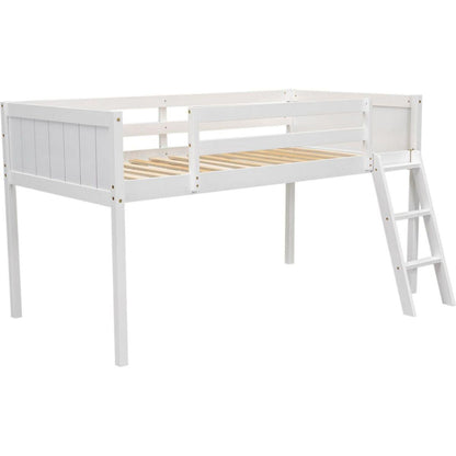 Twin Size Wood Low Loft Bed with Ladder, ladder can be placed on the left or right, White