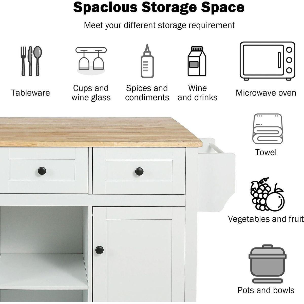 Kitchen Cart with Rubber wood Drop-Leaf Countertop, Cabinet door internal storage racks,Kitchen Island on 5 Wheels with Storage Cabinet and 3 Drawers for Dining Room,White