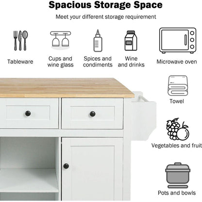 Kitchen Cart with Rubber wood Drop-Leaf Countertop, Cabinet door internal storage racks,Kitchen Island on 5 Wheels with Storage Cabinet and 3 Drawers for Dining Room,White