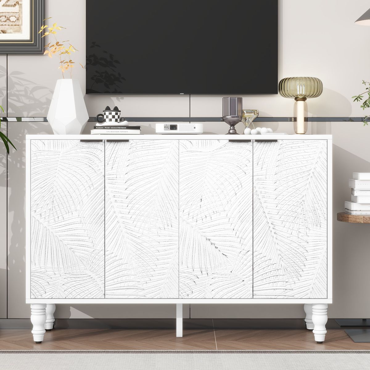 U-Can 47.2'' Modern TV Stand, Entertainment Center Media Console with 2 Spacious Storage Space, Solid Wood Legs and Anti-tip Device For Living room, Up to 43''