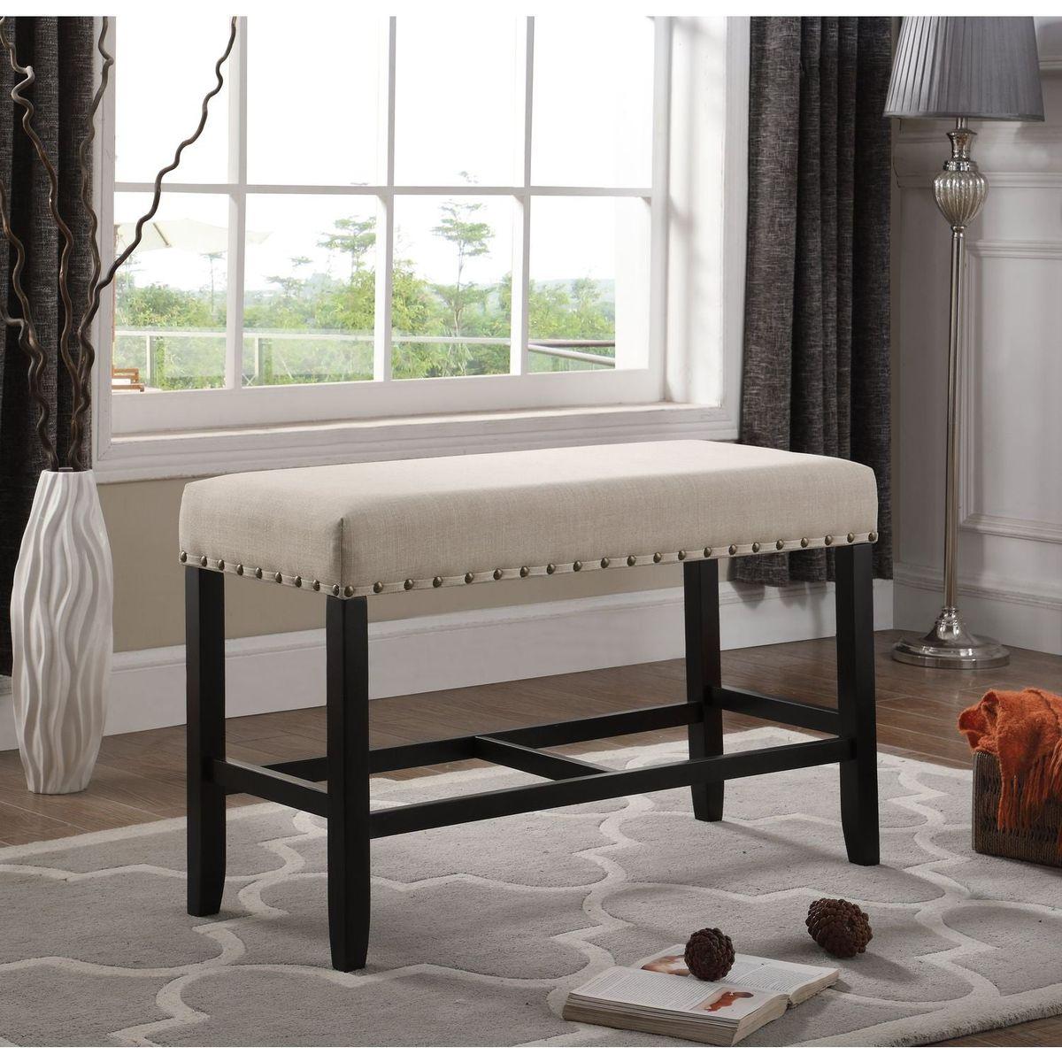 Biony Fabric Counter Height Dining Bench with Nailhead Trim, Tan