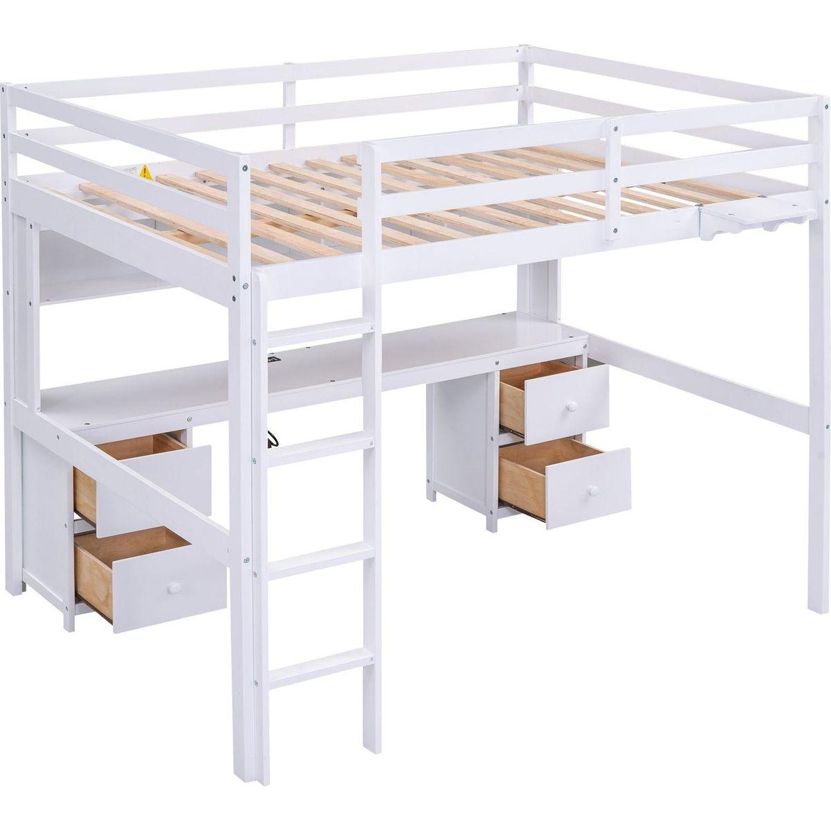Full Size Loft Bed with Desk, Cabinets, Drawers and Bedside Tray, Charging Station, White