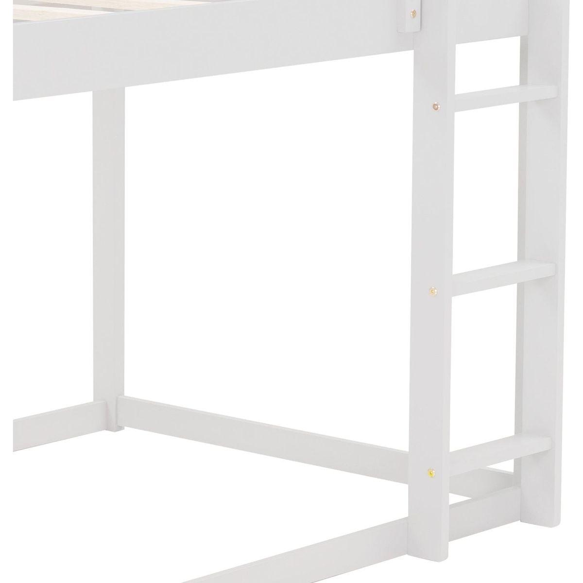 Twin over Twin Low Bunk Bed, House Bed with Ladder, White