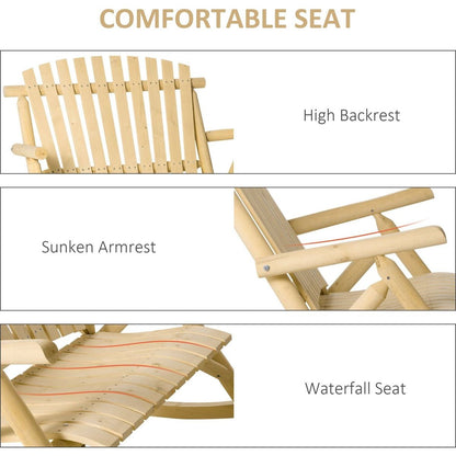 Double Wooden Porch Rocking Bench, Adirondack Porch Rocker Chair, Heavy Duty Loveseat for 2 Persons with High Rise Slatted Seat & Backrest, Smooth Armrests, Natural