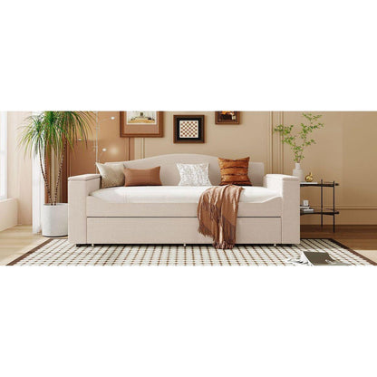 Twin Size Upholstered Daybed with Storage Armrests, Trundle and Latest Integrated Bluetooth Audio System, Teddy Fleece, Beige