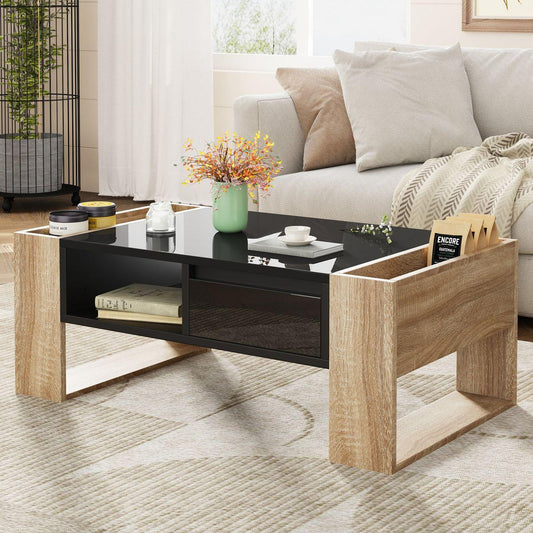 ON-TREND High Glossy Coffee Table with 2 Drawers, Practical Two Tone Center Table with Hidden Compartments, Rectangle Cocktail Table with Open Storage Shelf for Living Room, Bedroom, Black, 41.3*23.6'