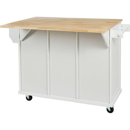 Kitchen Cart with Rubber wood Drop-Leaf Countertop, Cabinet door internal storage racks,Kitchen Island on 5 Wheels with Storage Cabinet and 3 Drawers for Dining Room,White