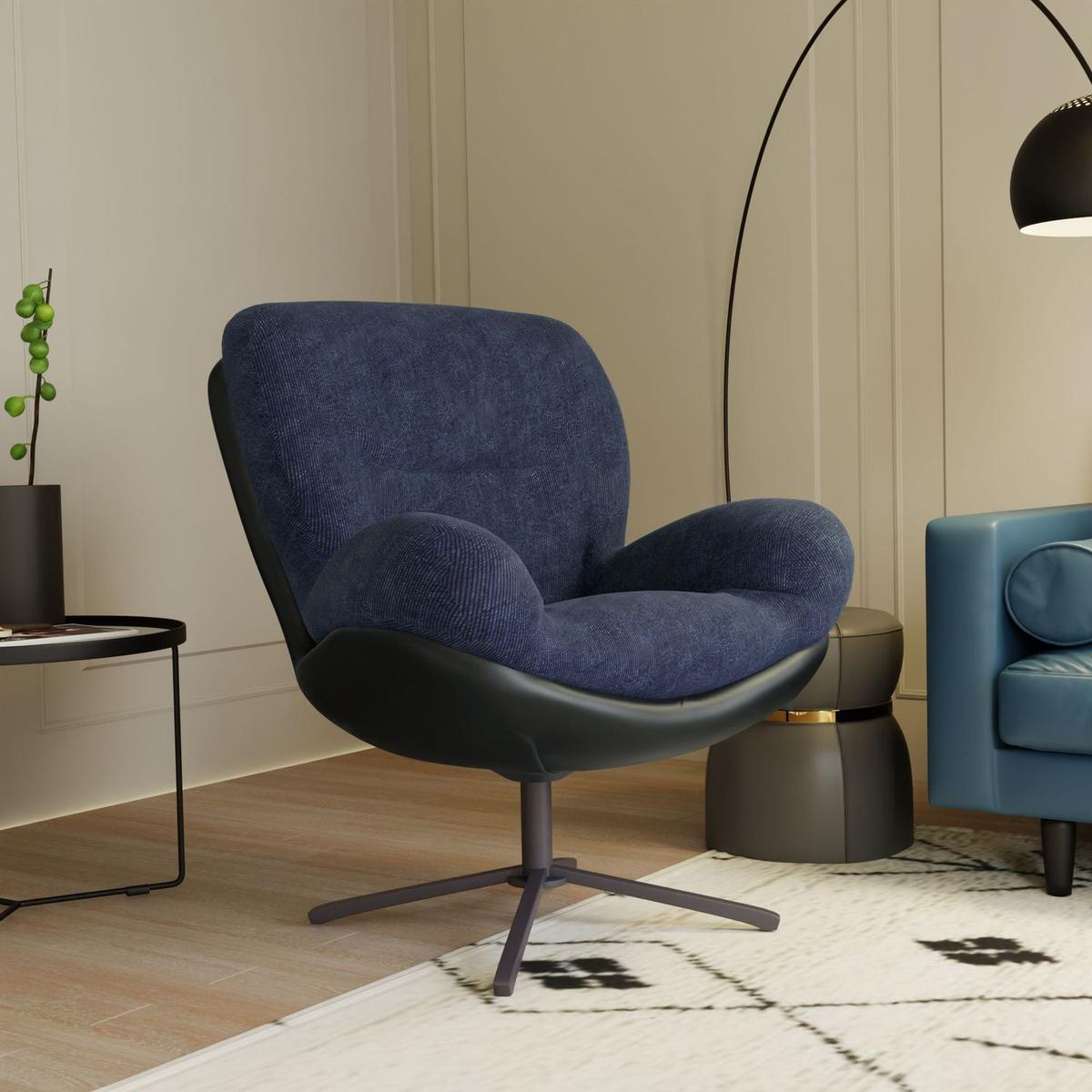 360掳 Swivel Accent Chair, Modern Chenille Lounge Chair with Faux Leather and Black Metal Base Frame, Comfortable Reading Chair for Small Spaces, Living Room, Bedroom, Reading Corner, Office, Navy Blue