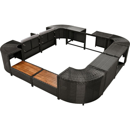 Spa Surround Spa Frame Quadrilateral Outdoor Rattan Sectional Sofa Set with Mini Sofa, Wooden Seats and Storage Spaces, Grey