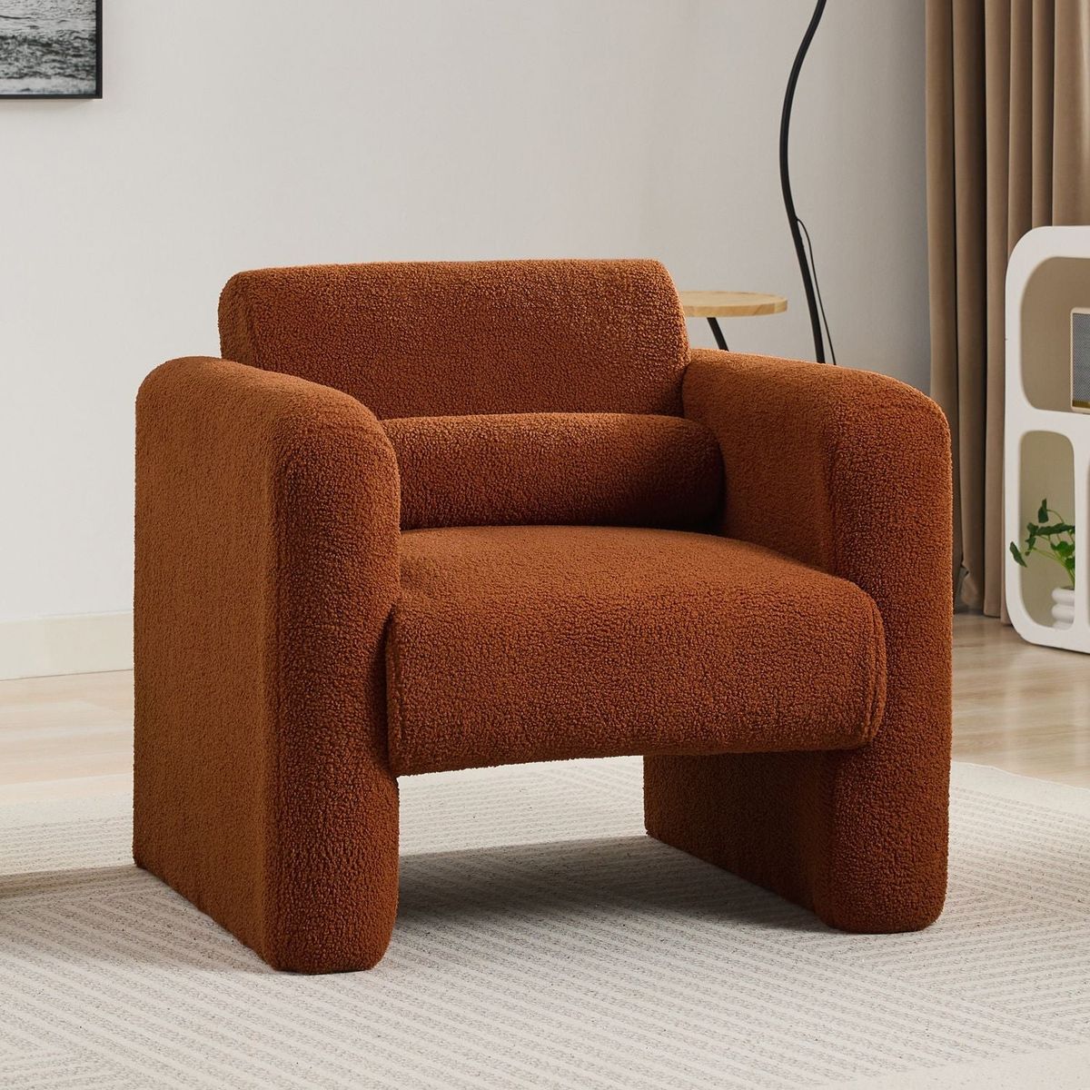 Modern Accent Chair Lambskin Sherpa Fabric Upholstered Comfy Reading Arm Chair Soft Padded Armchair with Back and Pillow for Living Room Bedroom Reception Waiting Room Office,Burnt Orange