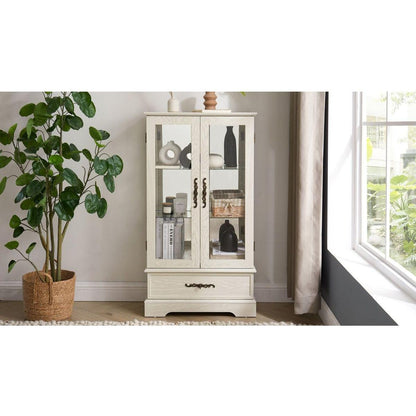 Glass Cabinet Lighted Glass Cabinet Curio Display Cabinet with Adjustable Glass Shelves 2 Doors and 1 drawer Cabinet Bulb Included White
