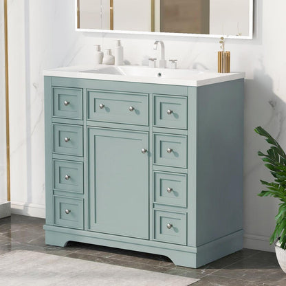 36" Bathroom Vanity with Sink Combo, One Cabinet and Six Drawers, Solid Wood and MDF Board, Green