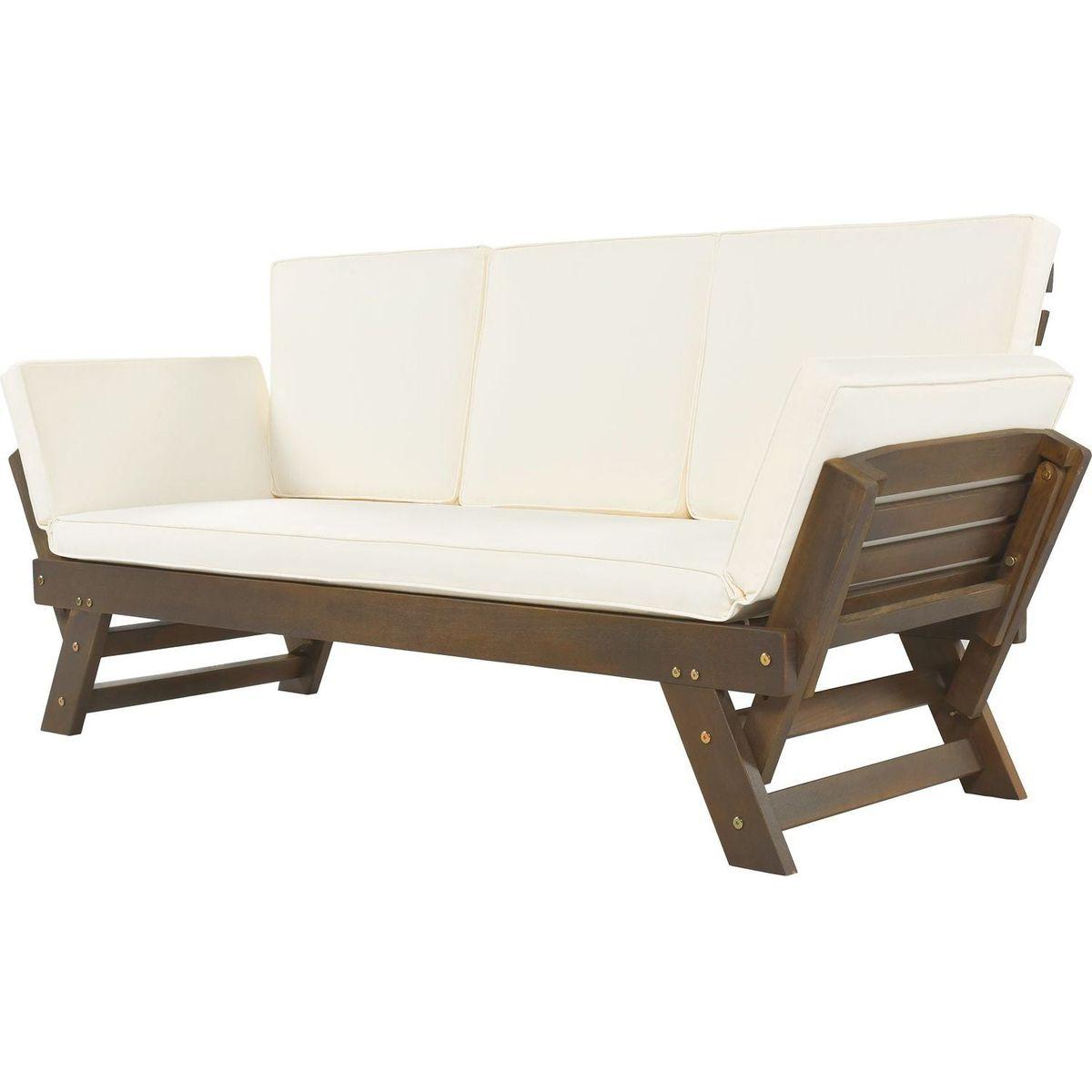 Outdoor Adjustable Patio Wooden Daybed Sofa Chaise Lounge with Cushions for Small Places, Brown Finish+Beige Cushion