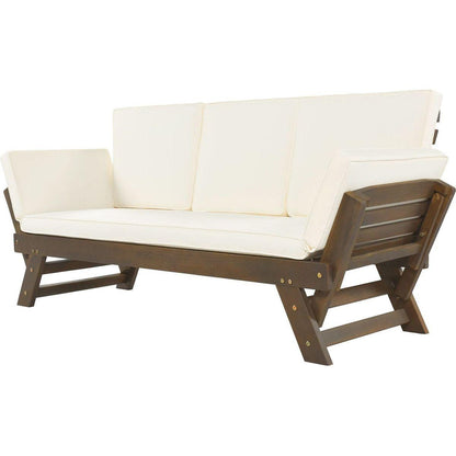 Outdoor Adjustable Patio Wooden Daybed Sofa Chaise Lounge with Cushions for Small Places, Brown Finish+Beige Cushion